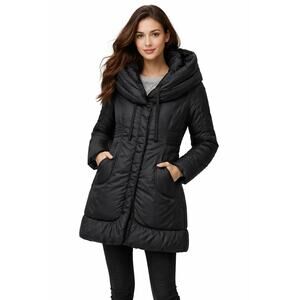 Tahari Elissa 2010s Black Down Puffer Coat Hooded Cocoon Polyester Shell medium